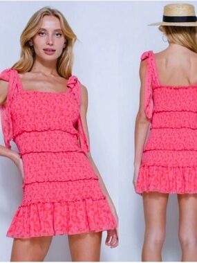 L.I.A Love Is All Pink Smocked Ruffled Mini Dress with Tie Straps